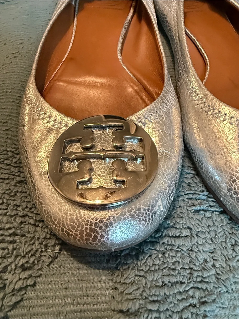 Tory Burch Metallic Silver Riva Logo Ballet Flats